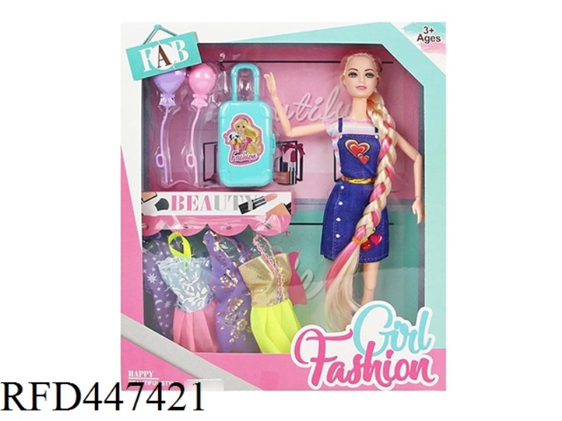 11.5 INCH SOLID 11 JOINTS FASHION SHORT SKIRT, LONG FRIED DOUGH TWIST, LONG HAIR BOBBI WITH LUGGAGE