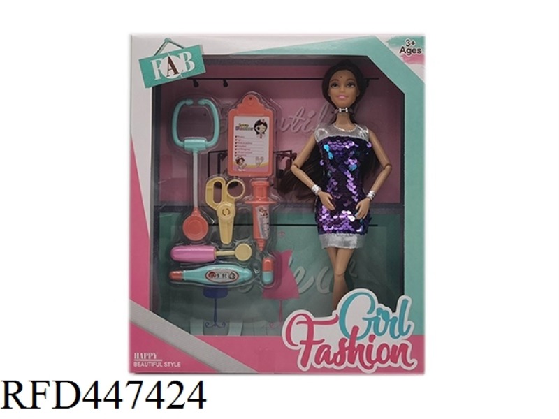 11.5-INCH FULL BODY 11 JOINT FASHION SHORT SKIRT BARBIE BELT NECKLACE, BRACELET, STETHOSCOPE, SCISSO