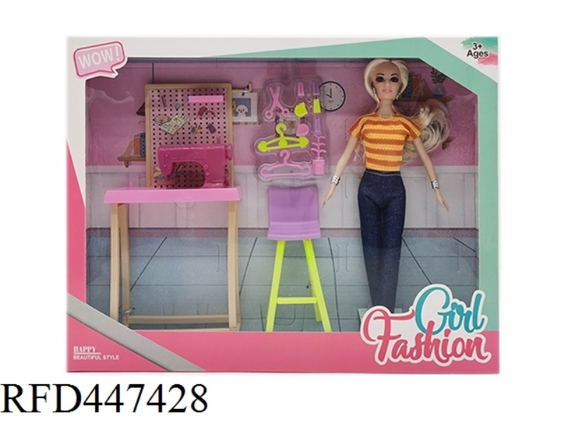 11.5-INCH REAL BODY LIVE HAND FASHION BARBIE WITH EARRINGS, BRACELETS, SEWING MACHINES, CHAIRS, SCIS