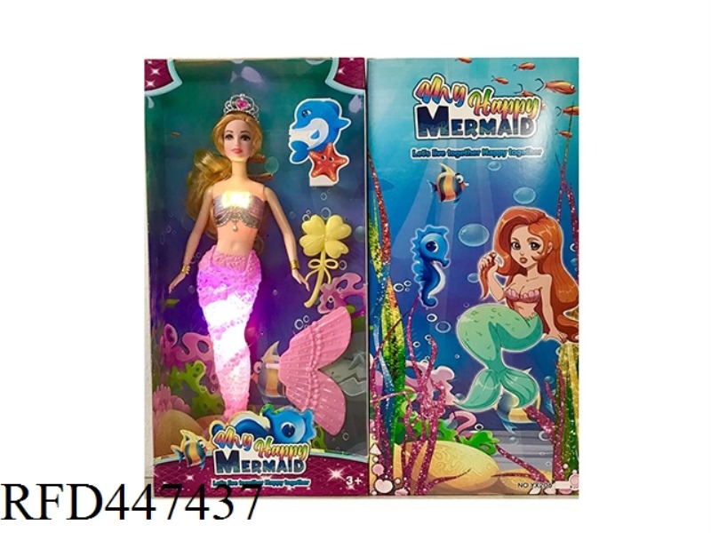 14 INCH FULL BODY LIVE HAND MERMAID BARBIE WITH LIGHT MUSIC CROWN COMB COMBINATION TAIL