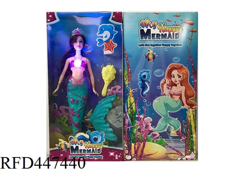 14 INCH FULL BODY LIVE HAND MERMAID BARBIE WITH LIGHT MUSIC CROWN COMB COMBINATION TAIL