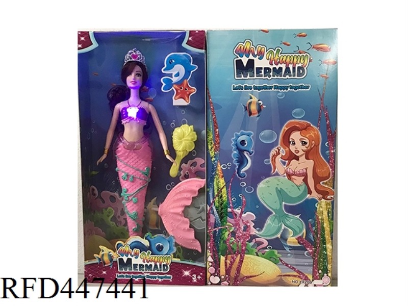 14 INCH FULL BODY LIVE HAND MERMAID BARBIE WITH LIGHT MUSIC CROWN COMB COMBINATION TAIL