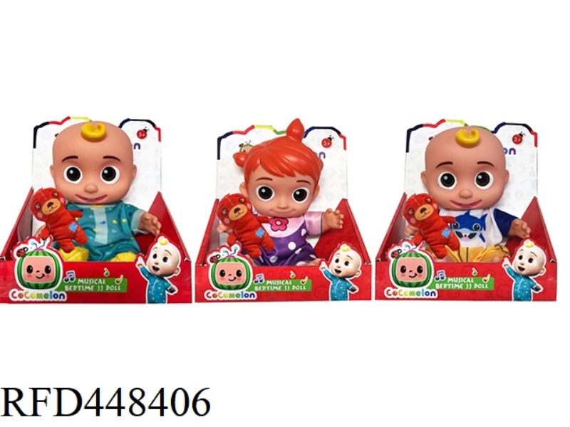 8 INCH FULL BODY VINYL COCOMELON BABY JJ WATERMELON SCHOOL BUS WITH COTTON DOLL (WITH MUSIC)