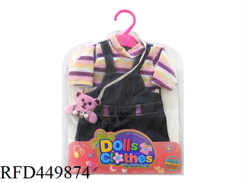 DOLL CLOTHES*PURPLE WOOL DENIM SUSPENDERS (WITH PINK BEAR ACCESSORIES)