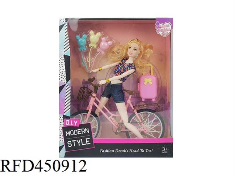 11 INCH SOLID BODY 11 JOINT BARBIE DOLL WITH BICYCLE, LUGGAGE, BALLOON