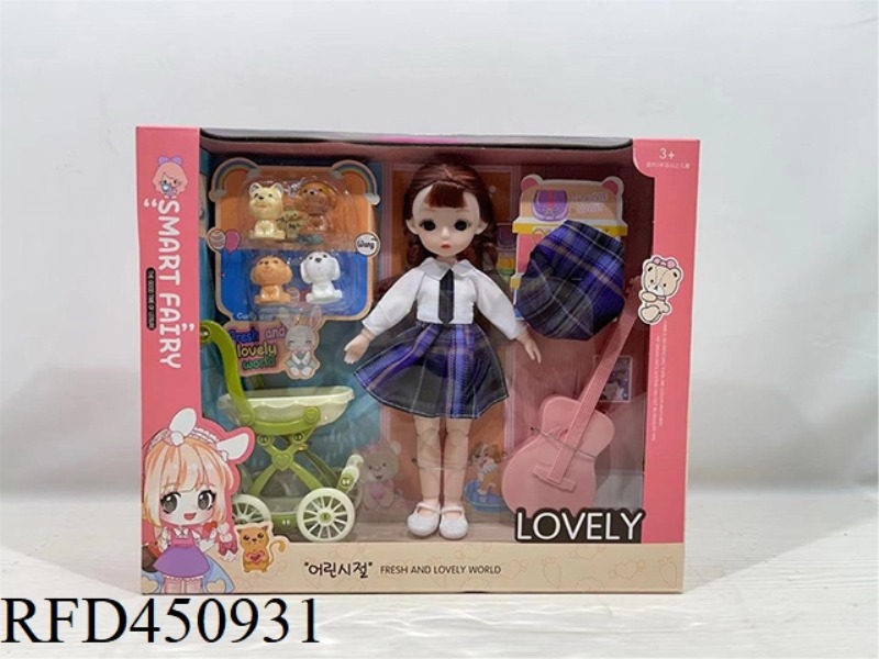 9 INCH SOLID BODY JOINT YE LUOLI DOLL WITH CART, GUITAR, DOG HOUSE ACCESSORIES
