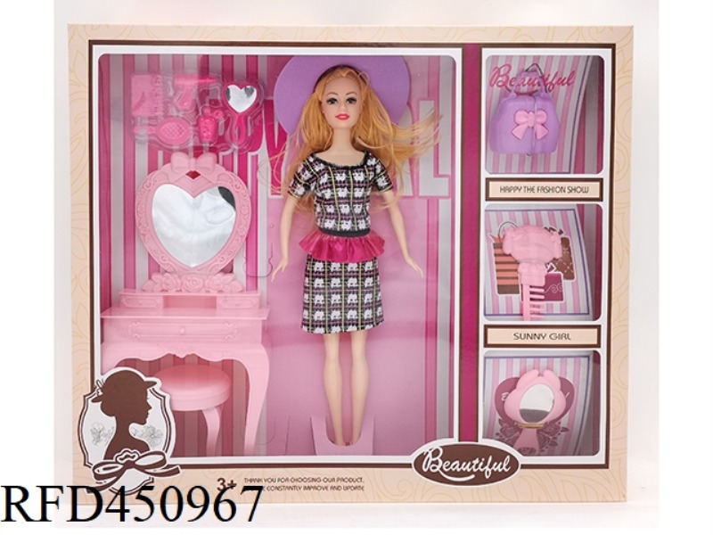 11.5 INCH SOLID BODY JOINT BARBIE DOLL WITH DRESSER, HAT, BAG, COMB, MIRROR, BLISTER ACCESSORIES