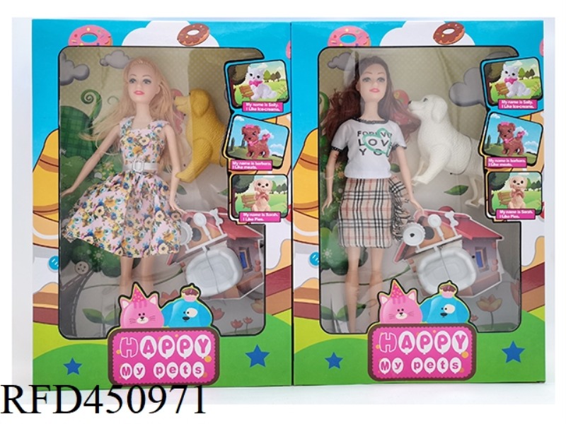 11.5 INCH SOLID BODY JOINT BARBIE DOLL PET WITH LARGE DOG, DOG TABLEWARE