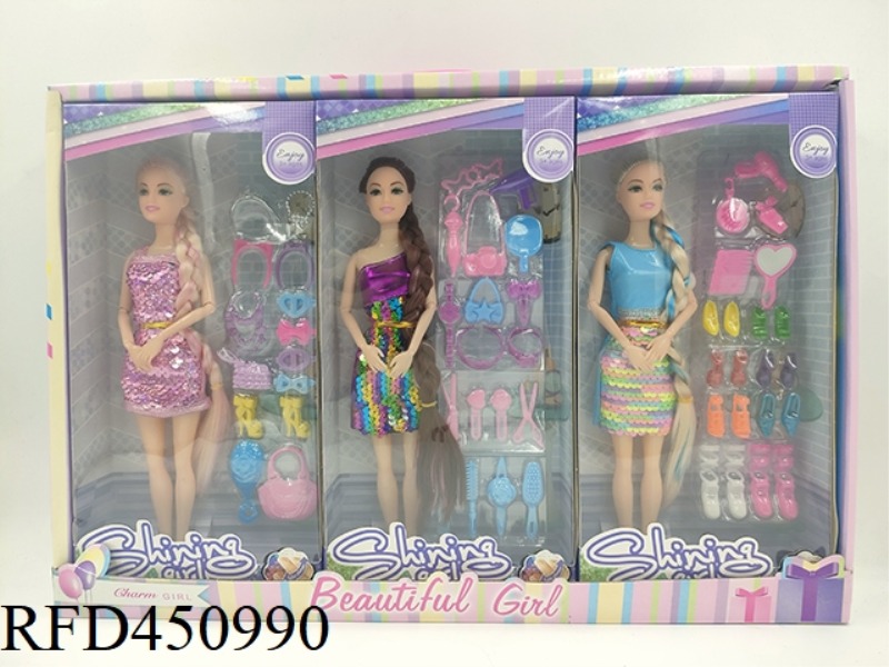 11.5 INCH SOLID BODY 9 JOINT SEQUINS SOLID BODY BARBIE WITH ACCESSORIES (3 PIECES)