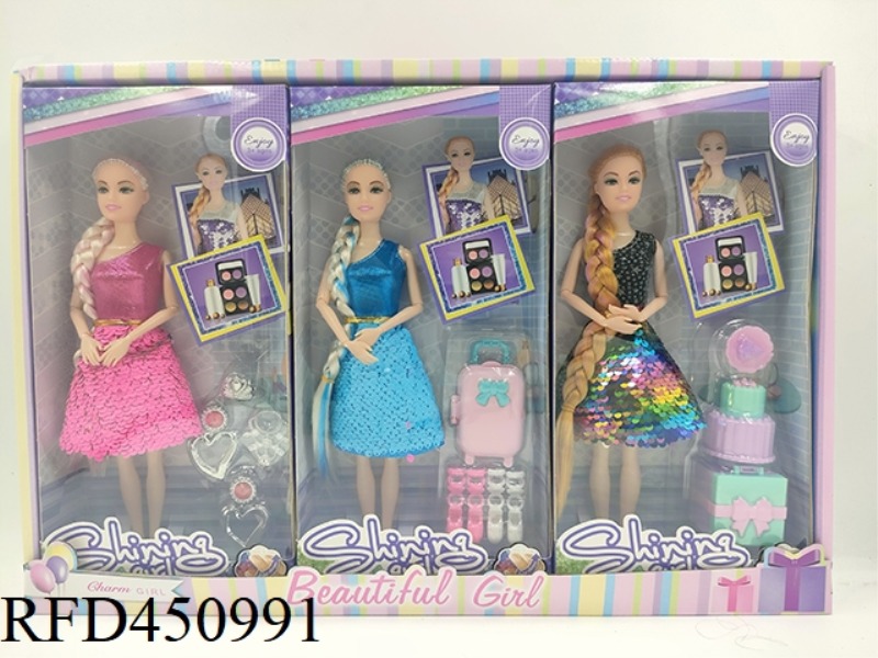 11.5 INCH SOLID BODY 9 JOINT SEQUINS SOLID BODY BARBIE WITH ACCESSORIES (3 PIECES)