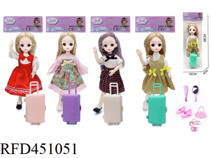12-INCH SOLID BODY 3D EYE MOVABLE JOINT FASHION DOLL WITH LUGGAGE, FIVE-PIECE ACCESSORIES