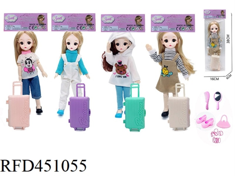12-INCH SOLID BODY 3D EYE MOVABLE JOINT FASHION DOLL WITH LUGGAGE, FIVE-PIECE ACCESSORIES