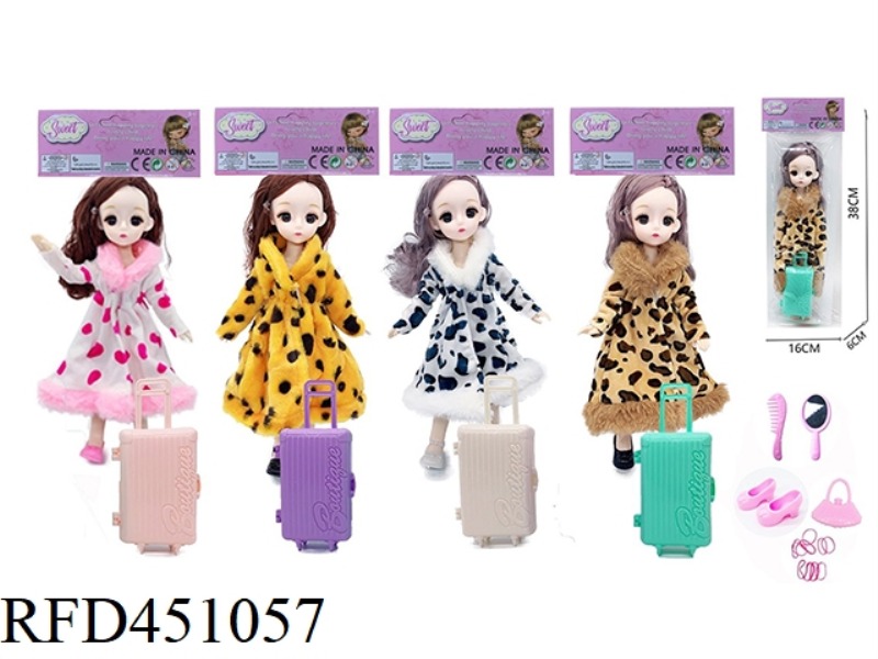 12-INCH SOLID BODY 3D EYE MOVABLE JOINT FASHION DOLL WITH LUGGAGE, FIVE-PIECE ACCESSORIES
