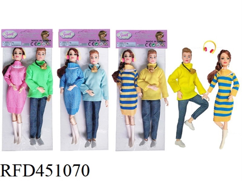 11 INCH SOLID BODY 12 JOINTS MALE AND FEMALE COUPLE BARBIE DOLL WITH HEADPHONES