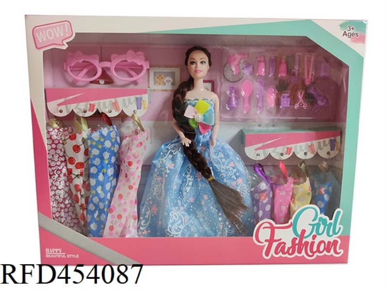 11.5 INCH SOLID BODY 9 JOINT WEDDING DRESS BARBIE WITH GLASSES, HANGING CLOTHES, COMB AND PLASTIC AC