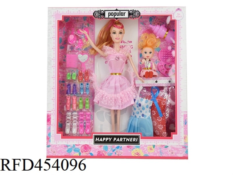 11.5 INCH REAL BODY ACTIVE FASHION SHORT SKIRT BARBIE WITH 3 INCH CHILD, COMB, FEEDING BOTTLE, HANGI