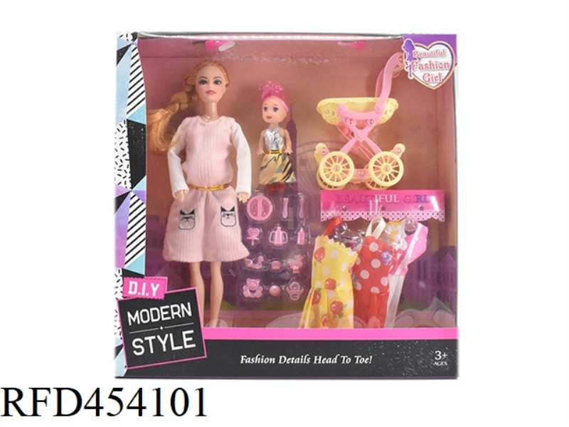11.5 INCH SOLID BODY 9 JOINT FASHION DRESS BARBIE WITH STROLLER AND 3 INCH BABY BOX BABY ACCESSORIES