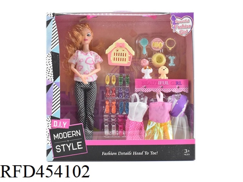 11.5 INCH SOLID BODY 9 JOINT FASHION SKIRT BARBIE WITH DOG ACCESSORIES BLISTER AND DOG CAGE SHOES BL