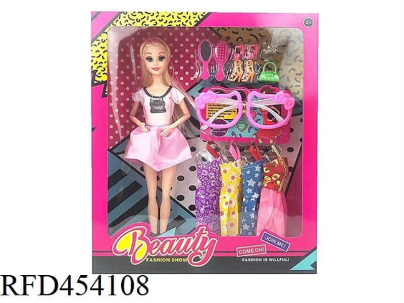 11.5 INCH SOLID BODY 9 JOINT FASHION SKIRT BARBIE WITH BIG GLASSES, COMB MIRROR, SMALL BAG, SMALL SH