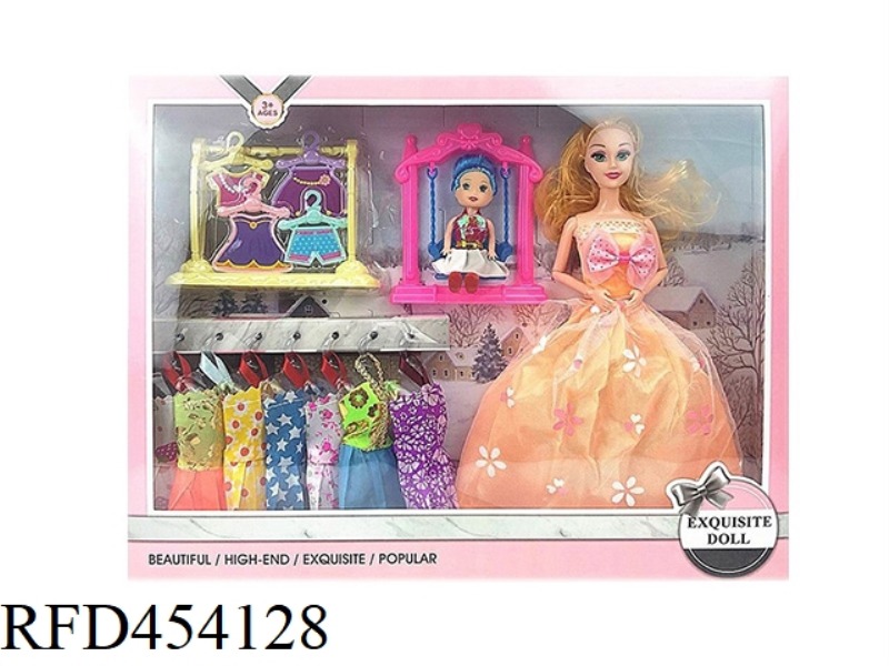 11.5 INCH SOLID BODY 9 JOINT WEDDING DRESS BARBIE WITH 3 INCH BABY CRADLE SMALL HANGER ACCESSORIES B