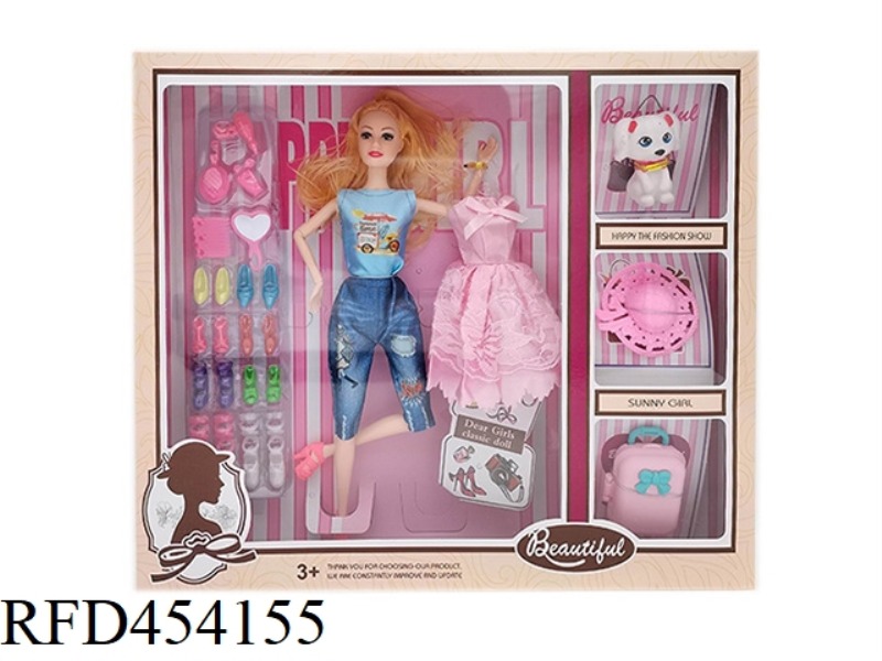 11.5 INCH SOLID BODY 12 JOINT FASHION SKIRT BARBIE WITH SHOES BLISTER SKIRT AND PUPPY HAT SUITCASE B