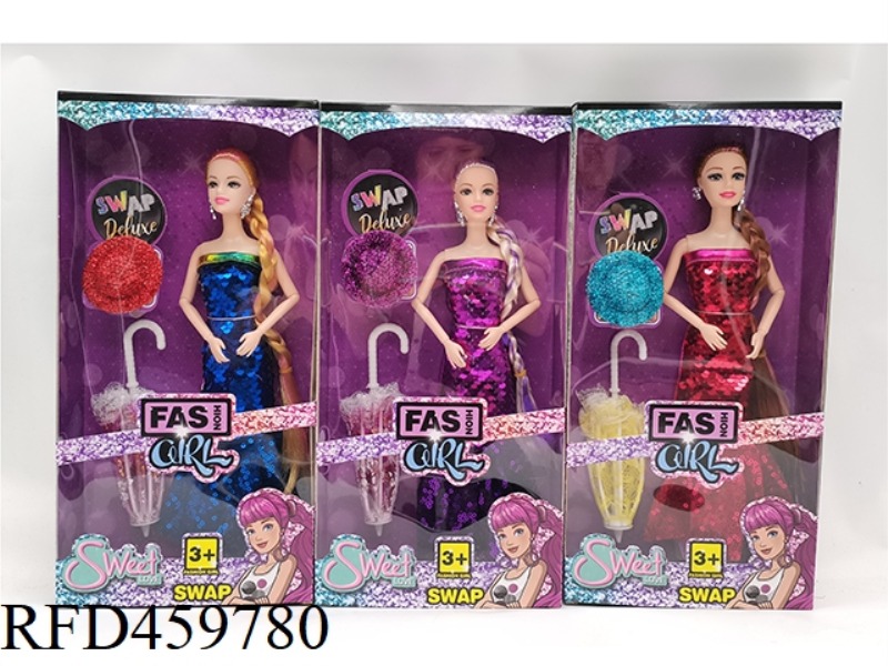 11.5-INCH 9-JOINT SOLID BODY FLASHING COLOR CHANGING DRESS FASHION BARBIE WITH HAT + UMBRELLA 3 MIXE