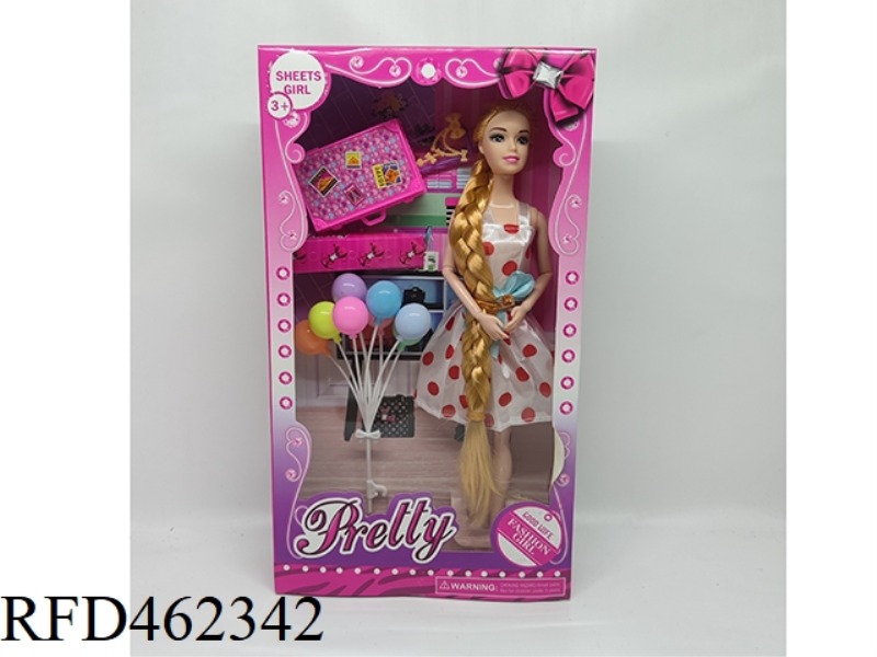 11.5 INCH FULL BODY MOVABLE JOINT LONG BRAIDED BARBIE DOLL BALLOON TRAVEL CASE