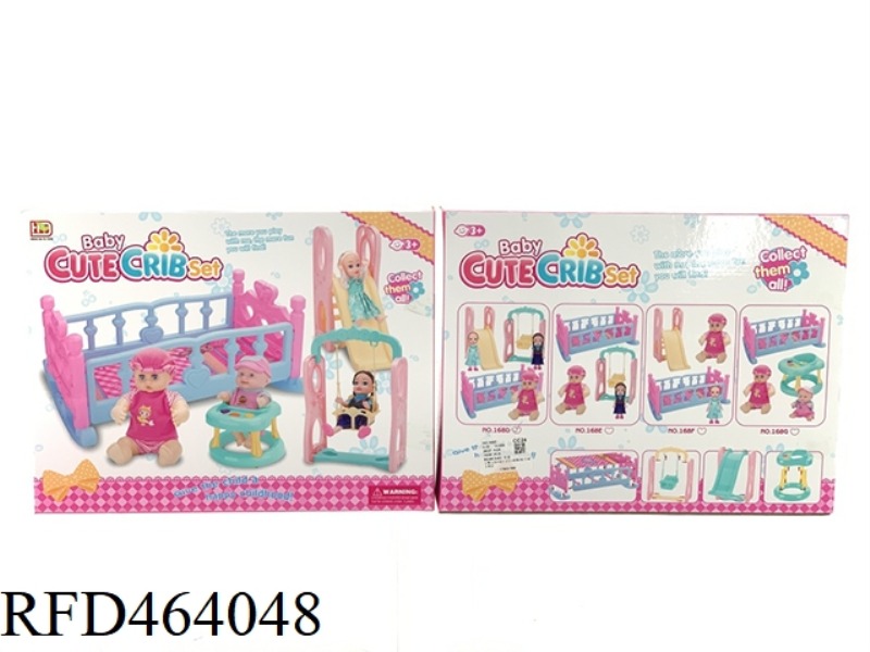BIG CRIB +12 INCH DOLL + SWING +6 INCH BARBIE