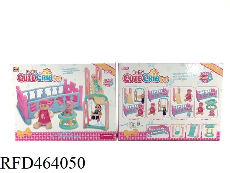 BIG CRIB +12 INCH DOLL + SWING +6 INCH DOLL + SLIDE