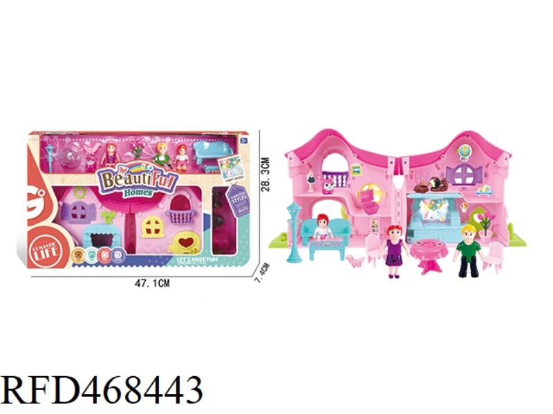 A FAMILY OF THREE CARTOON VILLA SET WITH COLORFUL CHANDELIERS