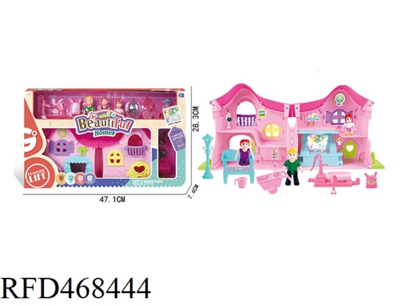 A FAMILY OF THREE CARTOON VILLA SET WITH COLORFUL CHANDELIERS