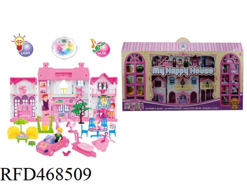 A FAMILY OF THREE DOLL VILLA SET WITH STAIRS