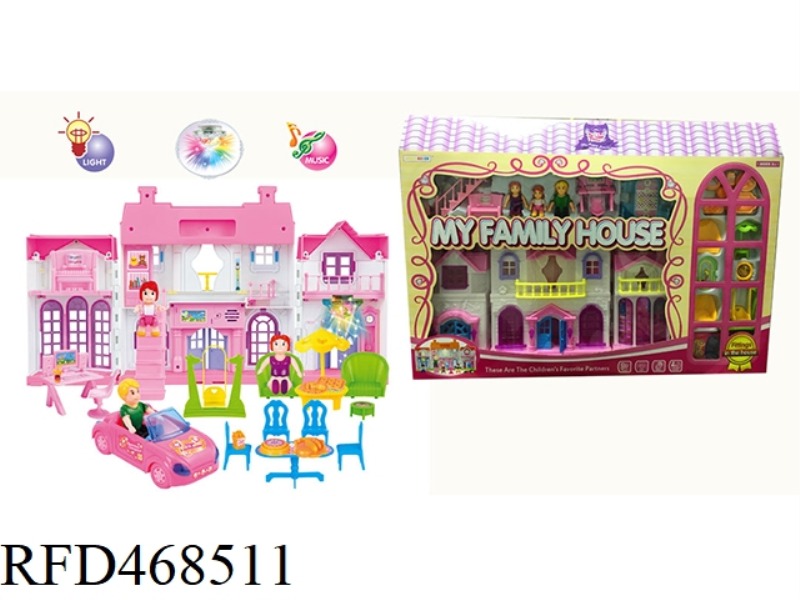 A FAMILY OF THREE DOLL VILLA SET WITH STAIRS