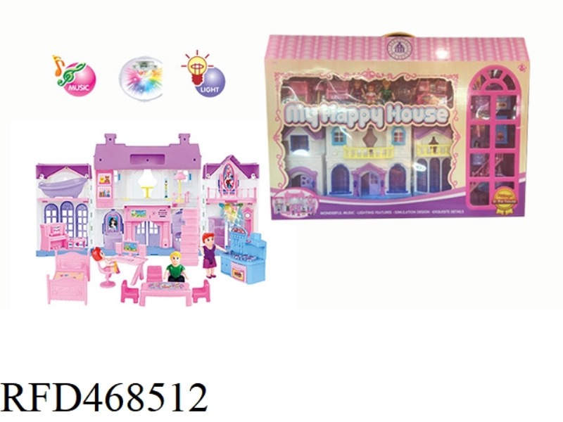 A FAMILY OF THREE DOLL VILLA SET WITH STAIRS