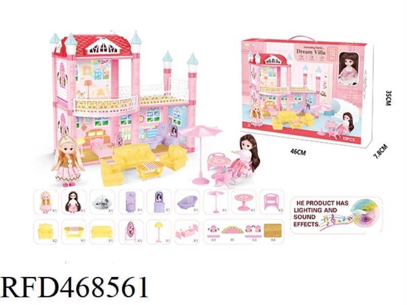DIY SELF-INSTALLED VILLA SET WITH LIGHT AND MUSIC WITH 2 4.5-INCH SOLID BODY BARBIE 93-PIECE SET