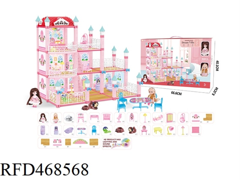DIY SELF-INSTALLED VILLA SET WITH LIGHT AND MUSIC WITH 2 4.5-INCH SOLID BODY BARBIE 195-PIECE SET