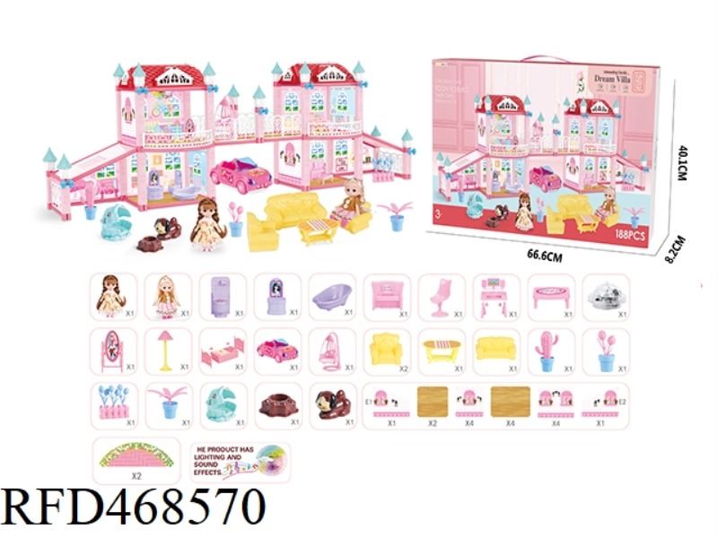 DIY SELF-INSTALLED VILLA SET WITH LIGHT AND MUSIC WITH 2 4.5-INCH SOLID BODY BARBIE 188-PIECE SET