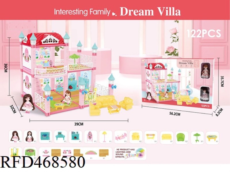 DIY SELF-INSTALLED VILLA SET WITH LIGHT AND MUSIC WITH 2 4.5-INCH SOLID BODY BARBIE 122-PIECE SET
