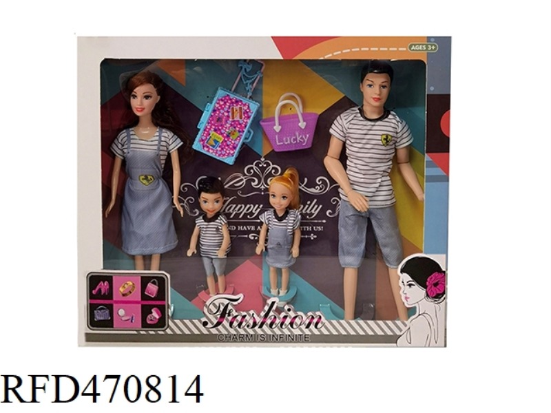 11.5-INCH JOINT SOLID BODY, A FAMILY OF FOUR BARBIE WITH SUITCASE AND HANDBAG