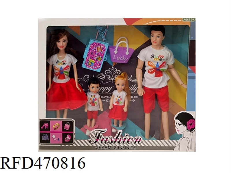 11.5-INCH JOINT SOLID BODY, A FAMILY OF FOUR BARBIE WITH SUITCASE AND HANDBAG
