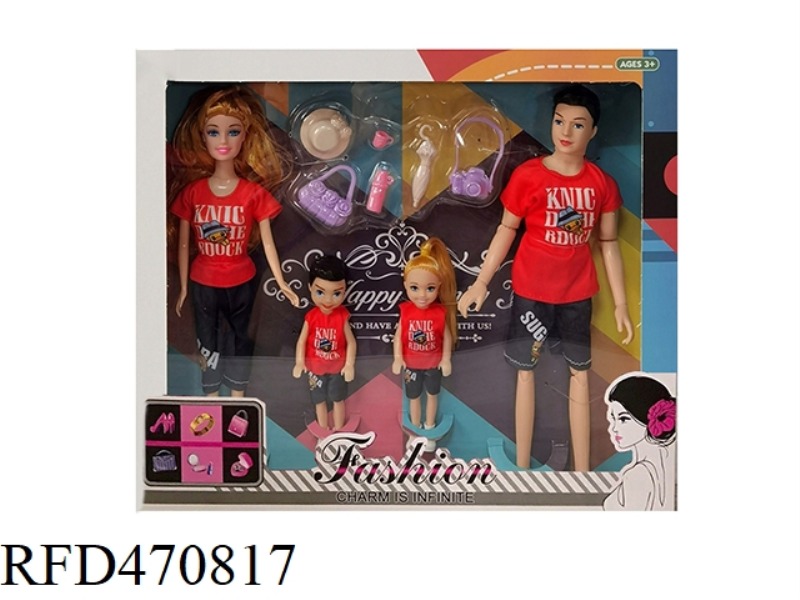 11.5-INCH ARTICULATED BODY, A FAMILY OF FOUR BARBIE WITH 6 TRAVEL SUITS