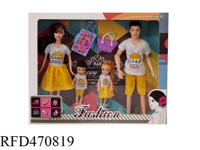 11.5-INCH JOINT SOLID BODY, A FAMILY OF FOUR BARBIE WITH SUITCASE AND HANDBAG