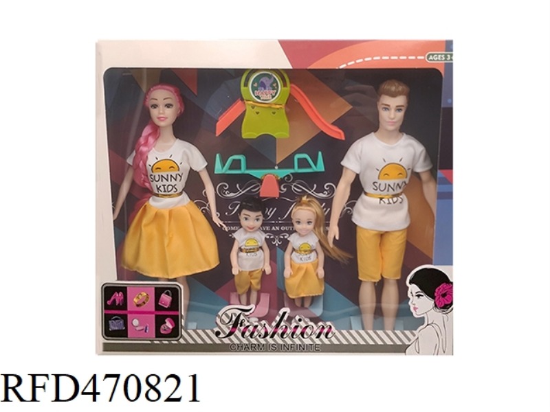 11.5-INCH REAL FAMILY, FOUR MEMBER BARBIE WITH SLIDE AND DOUBLE ROCKER