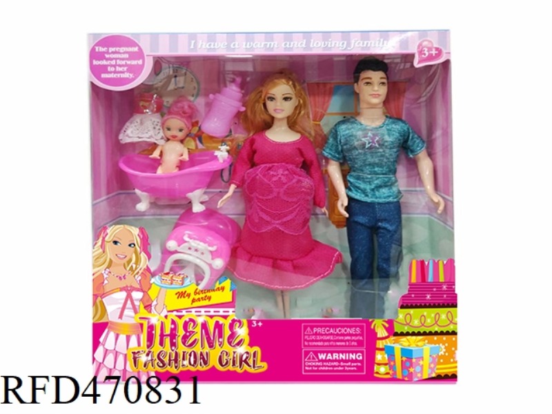 11.5-INCH PREGNANT COUPLE BARBIE WITH 3.5-INCH BABY, BATH, BOTTLE, HANGING CLOTHES, WITH A WALKER