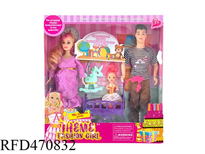 11.5-INCH PREGNANT COUPLE BARBIE WITH 3.5-INCH BABY, ROCKING HORSE AND SLEEPING BED