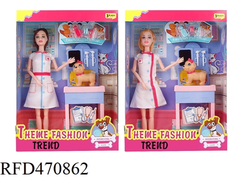 11.5-INCH 11 JOINT SOLID PET NURSE BARBIE MATCHES WITH PET MEDICAL EQUIPMENT, PLASTIC COATED PETS
