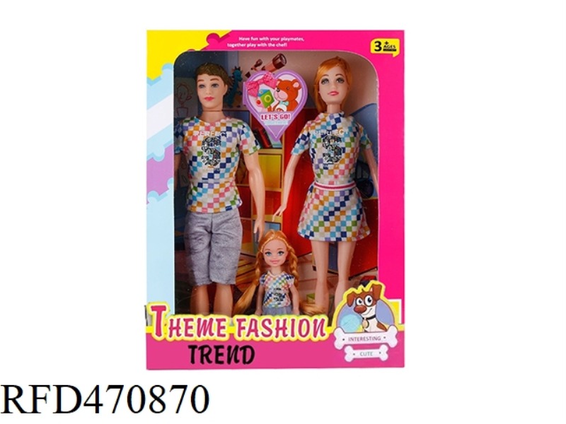 11.5-INCH SOLID FASHION COUPLE BARBIE MATCHING, 5-INCH SOLID LITTLE KELLY, A FAMILY OF THREE