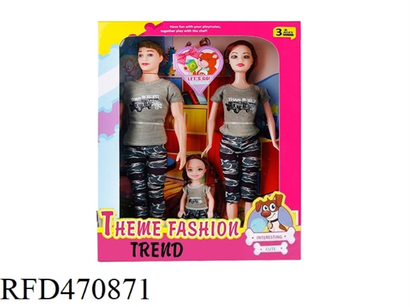 11.5-INCH SOLID FASHION COUPLE BARBIE MATCHING, 5-INCH SOLID LITTLE KELLY, A FAMILY OF THREE