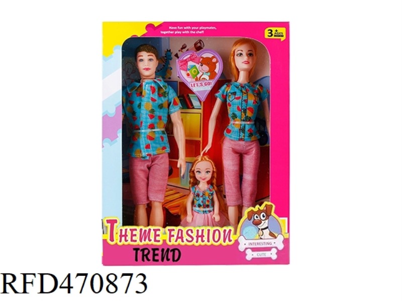 11.5-INCH SOLID FASHION COUPLE BARBIE MATCHING, 5-INCH SOLID LITTLE KELLY, A FAMILY OF THREE
