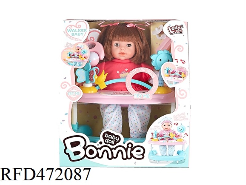 14 INCH 12 SOUND FEMALE DOLL + MUSIC WALKER WITH LIGHT + ACCESSORIES